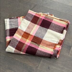 Cozy Plaid Blanket Scarf, Tan Brown Pink Burgundy Winter Acrylic Wrap